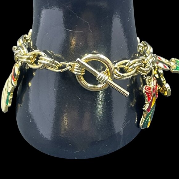Vintage Holiday Charm Bracelet Gold Christmas Enamel Coquette Whimsical Gift - Picture 4 of 7